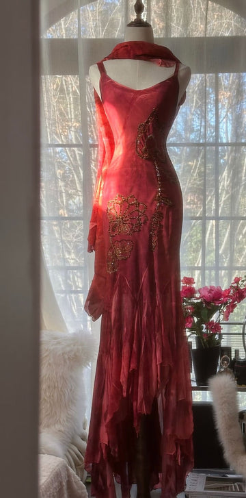 Sexy Mermaid Spaghetti Straps Ruffle Beaded Red Chiffon Evening Dress Party Dress HZ1023
